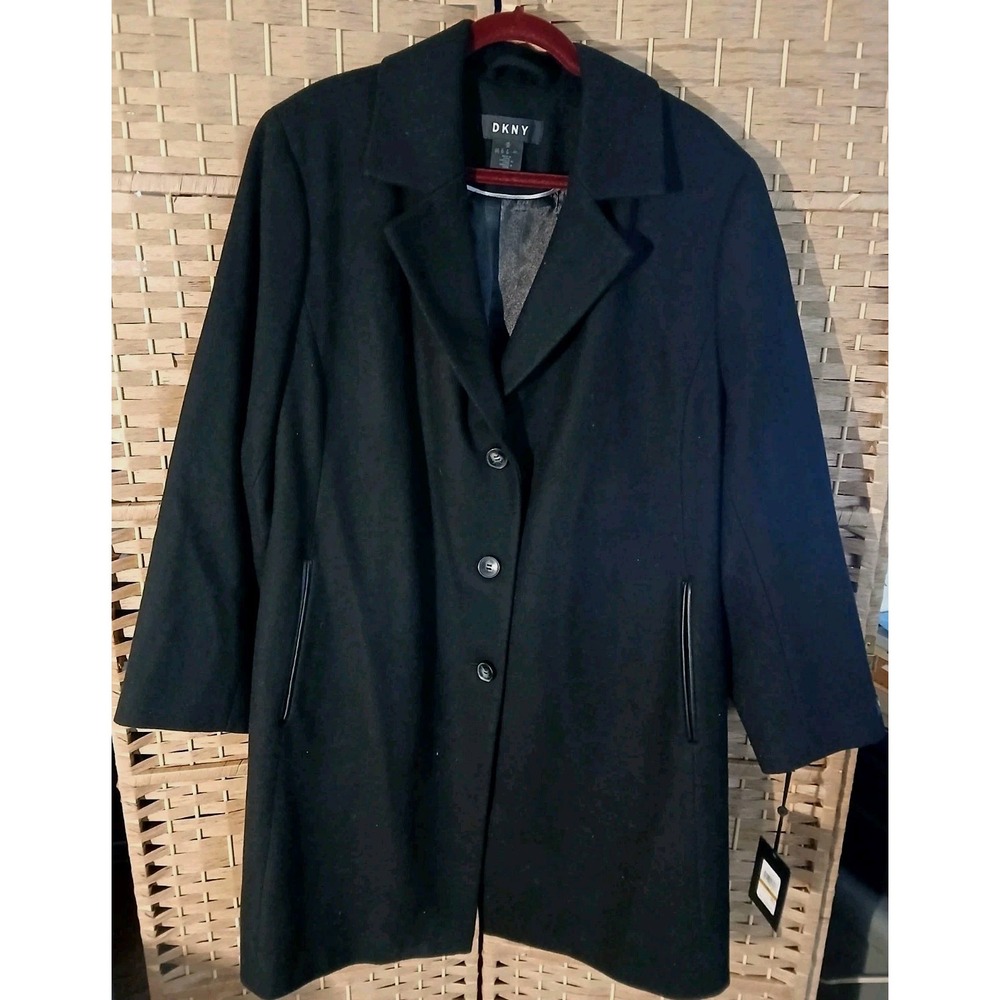 NWT DKNY Women's Black Wool Blend Full Length Coat Sz 3X Business Office